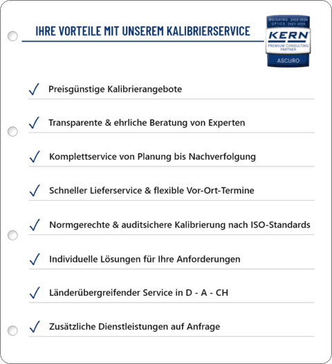 Start 5 Übersicht der Kundenvorteile beim Kalibrierservice von Ascuro und KERN.