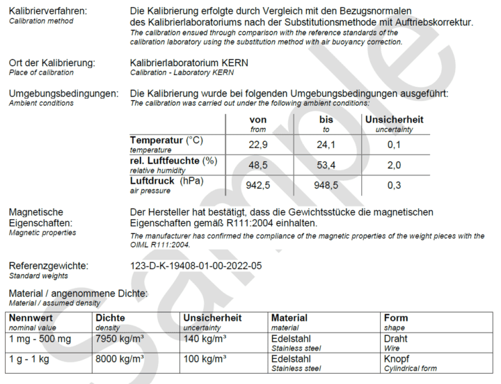 Kalibrierschein 3 Ausschnitt eines Kalibrierscheins mit Angaben zu Kalibrierverfahren, Umgebungsbedingungen, Referenzgewichten, magnetischen Eigenschaften sowie Materialdaten der Prüfgewichte.