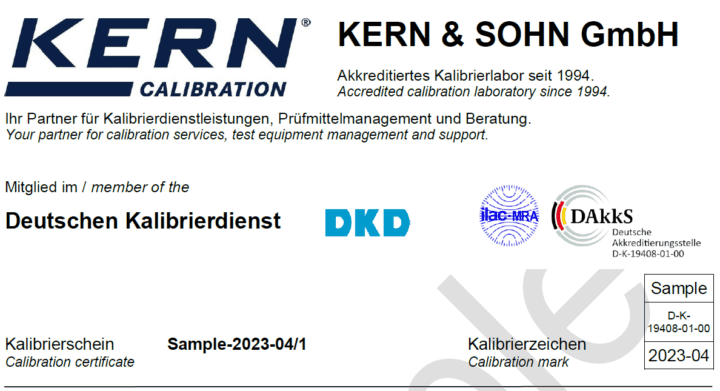 Kalibrierschein 1 Kopfzeile eines KERN-Kalibrierscheins mit Akkreditierungsvermerken und DKD- / DAkkS-Logos.